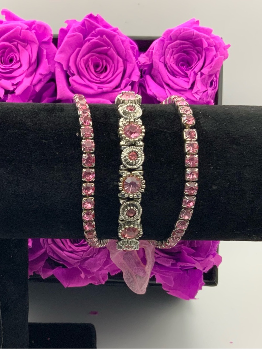 Pink Crystal Stretch Tennis Stack Bracelet Set - Women’s Jewelry